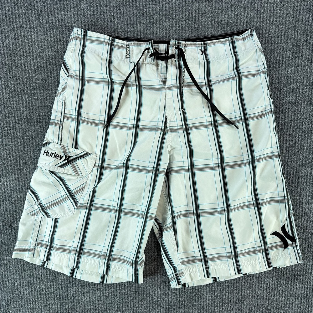 Hurley Mens Plaid Board Shorts White Black Blue Cargo Pocket Sz 34 Summer Beach